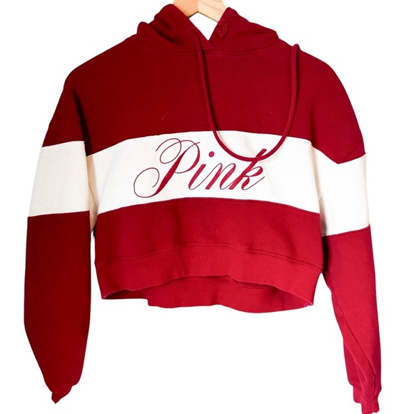 PINK Victoria’s Secret Red White Graphic Y2K Style Cropped Hoodie Size Small - Picture 1 of 4